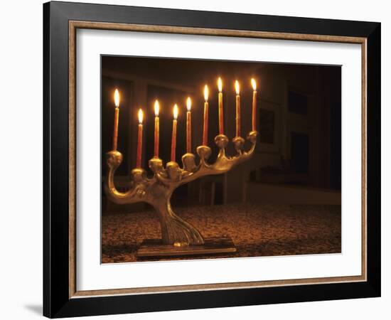 Menorah with Candles, Lit for Chanukah, Bellevue, Washington, USA-Merrill Images-Framed Photographic Print