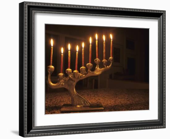 Menorah with Candles, Lit for Chanukah, Bellevue, Washington, USA-Merrill Images-Framed Photographic Print