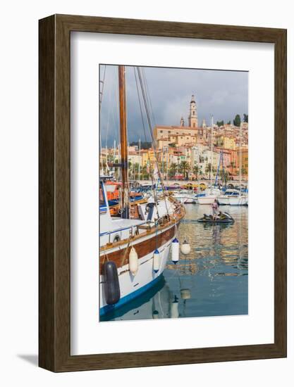 Menton, Cote d'Azur, French Riviera, France. View over harbour to the town.-null-Framed Photographic Print