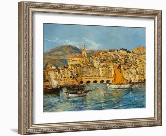 Menton Harbour, (Oil on Canvas)-Laurent Lucien Gsell-Framed Giclee Print