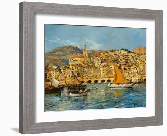 Menton Harbour, (Oil on Canvas)-Laurent Lucien Gsell-Framed Giclee Print