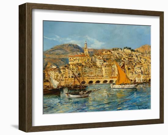 Menton Harbour, (Oil on Canvas)-Laurent Lucien Gsell-Framed Giclee Print