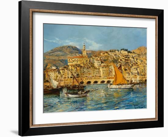 Menton Harbour, (Oil on Canvas)-Laurent Lucien Gsell-Framed Giclee Print