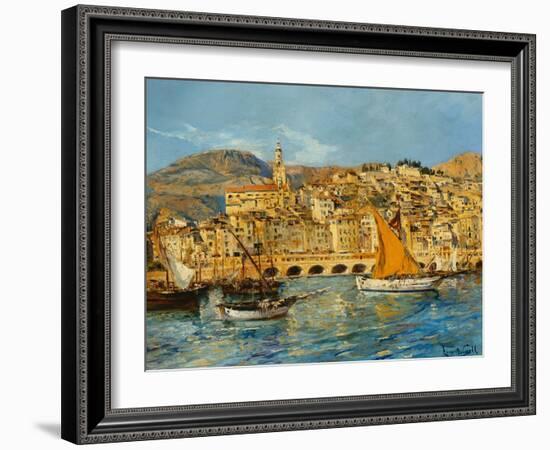 Menton Harbour, (Oil on Canvas)-Laurent Lucien Gsell-Framed Giclee Print