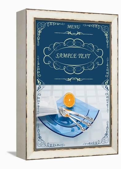 Menu Illustrating Silver Knife, Fork and Spoon on Blue Glass Plates, and Half an Orange - Vector-Milovelen-Framed Stretched Canvas