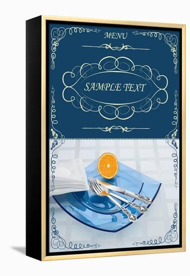 Menu Illustrating Silver Knife, Fork and Spoon on Blue Glass Plates, and Half an Orange - Vector-Milovelen-Framed Stretched Canvas