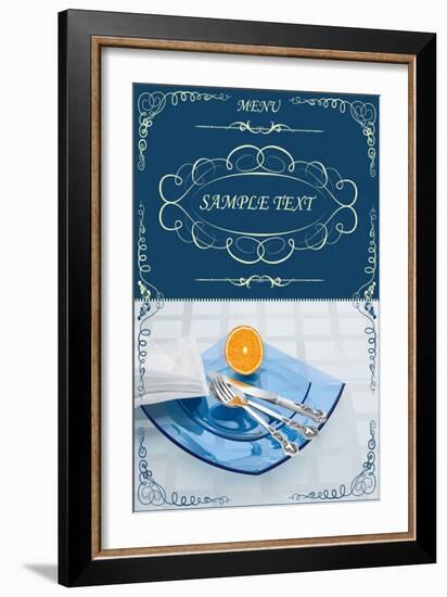 Menu Illustrating Silver Knife, Fork and Spoon on Blue Glass Plates, and Half an Orange - Vector-Milovelen-Framed Art Print