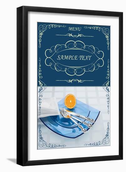 Menu Illustrating Silver Knife, Fork and Spoon on Blue Glass Plates, and Half an Orange - Vector-Milovelen-Framed Art Print