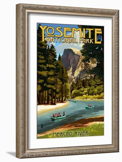 Merced River Rafting - Yosemite National Park, California-Lantern Press-Framed Premium Giclee Print