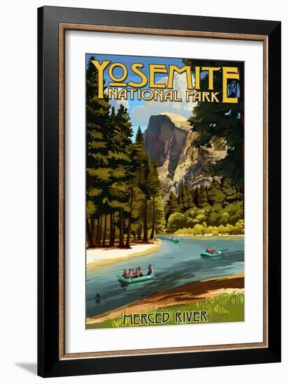 Merced River Rafting - Yosemite National Park, California-Lantern Press-Framed Premium Giclee Print