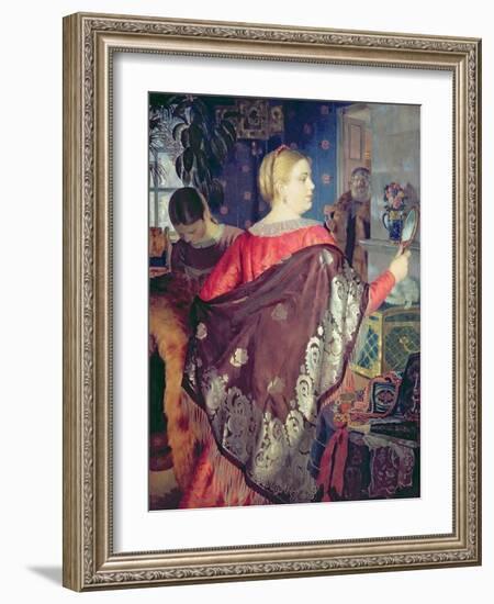 Merchant's Woman with a Mirror-Boris Kustodiyev-Framed Giclee Print