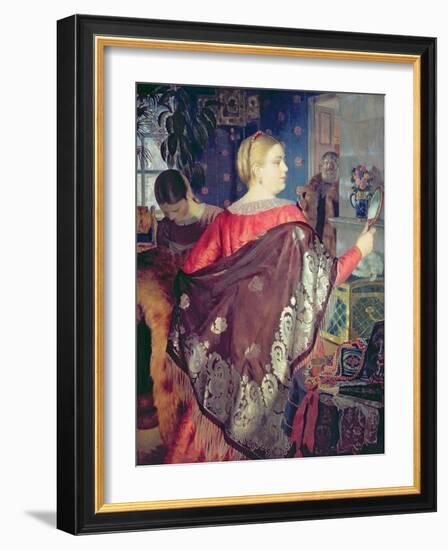 Merchant's Woman with a Mirror-Boris Kustodiyev-Framed Giclee Print