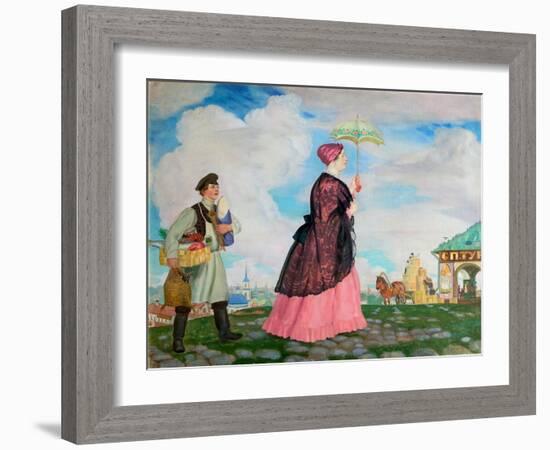 Merchant's Woman with Purchases, 1920-Boris Michaylovich Kustodiev-Framed Giclee Print