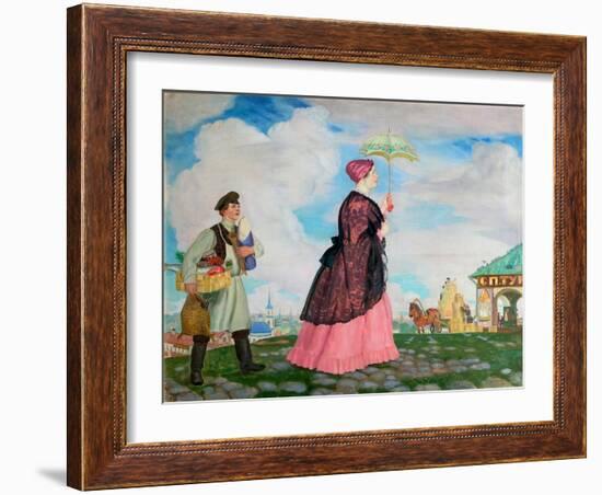 Merchant's Woman with Purchases, 1920-Boris Michaylovich Kustodiev-Framed Giclee Print