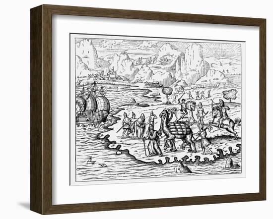 Merchants Transporting Goods to the Coast and a Waiting Vessel by Camel, 1575-null-Framed Giclee Print