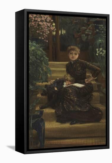 Mère et enfant assis sur le perron d'une maison de campagne-James Tissot-Framed Premier Image Canvas