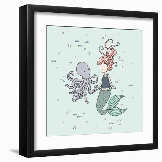 Mermaid And Octopus Buddies-Sweet Melody Designs-Framed Art Print