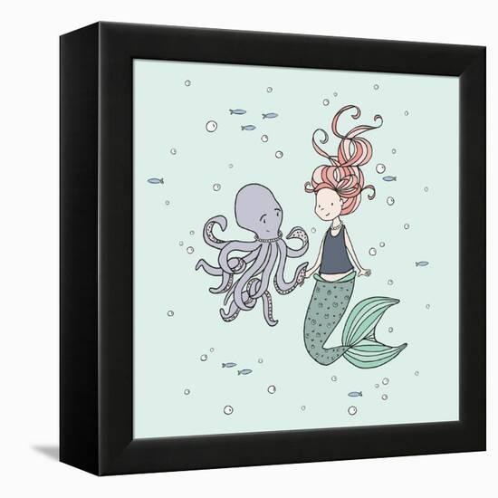 Mermaid And Octopus Buddies-Sweet Melody Designs-Framed Stretched Canvas