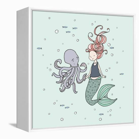 Mermaid And Octopus Buddies-Sweet Melody Designs-Framed Stretched Canvas