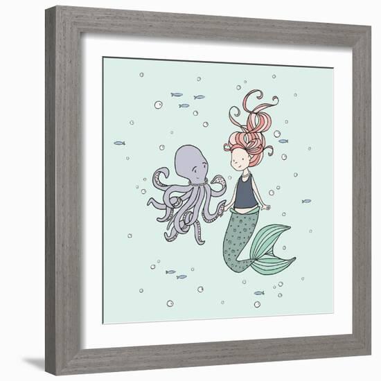 Mermaid And Octopus Buddies-Sweet Melody Designs-Framed Art Print