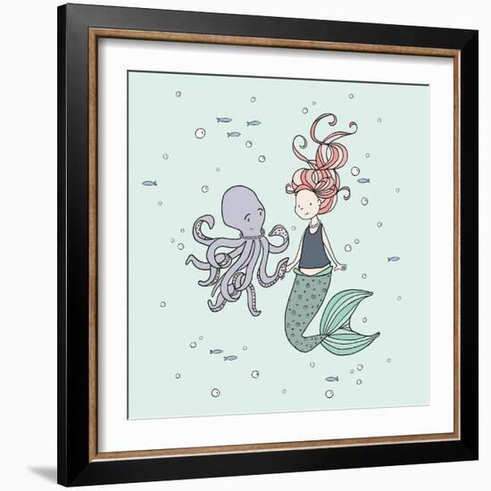 Mermaid And Octopus Buddies-Sweet Melody Designs-Framed Art Print