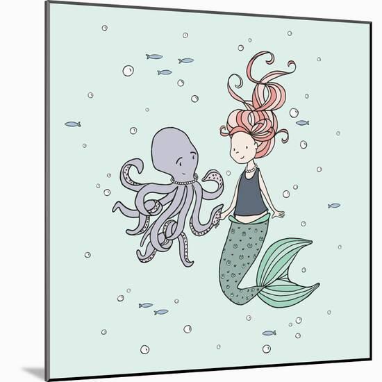 Mermaid And Octopus Buddies-Sweet Melody Designs-Mounted Art Print