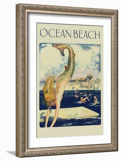 Mermaid Diving, Ocean Beach-null-Framed Premium Giclee Print