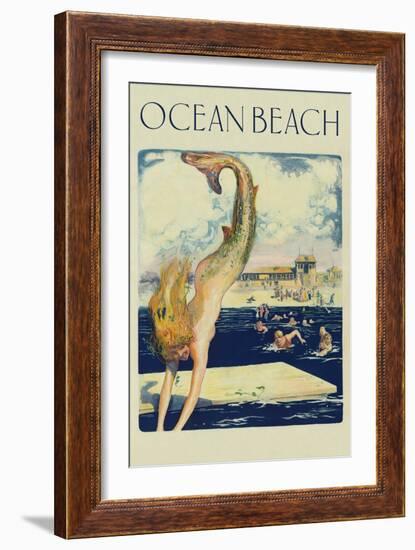 Mermaid Diving, Ocean Beach-null-Framed Premium Giclee Print