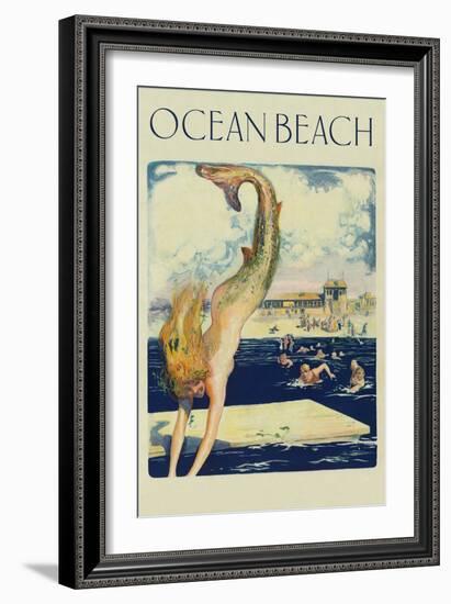 Mermaid Diving, Ocean Beach-null-Framed Premium Giclee Print