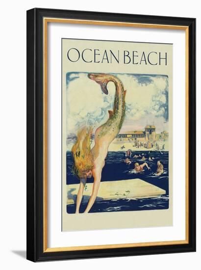 Mermaid Diving, Ocean Beach-null-Framed Premium Giclee Print