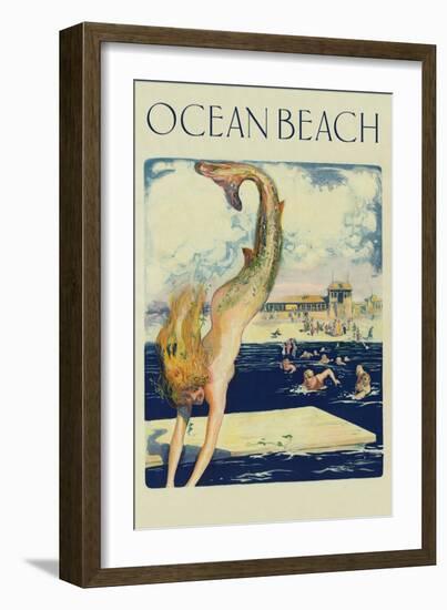 Mermaid Diving, Ocean Beach-null-Framed Art Print