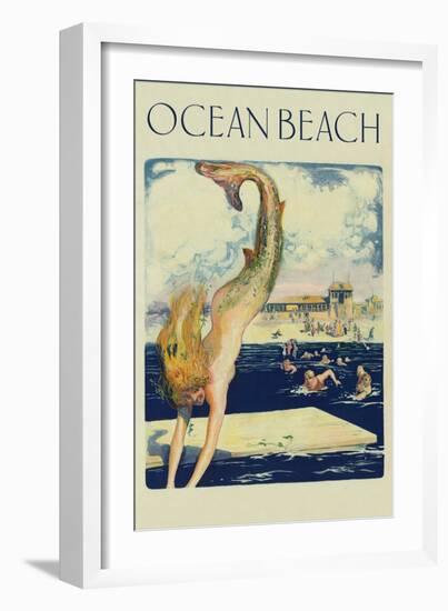 Mermaid Diving, Ocean Beach-null-Framed Art Print