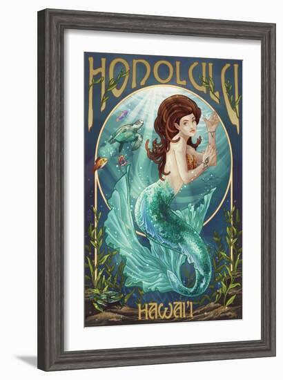 Mermaid - Honolulu, Hawaii-Lantern Press-Framed Art Print