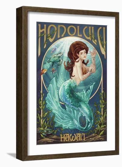 Mermaid - Honolulu, Hawaii-Lantern Press-Framed Art Print