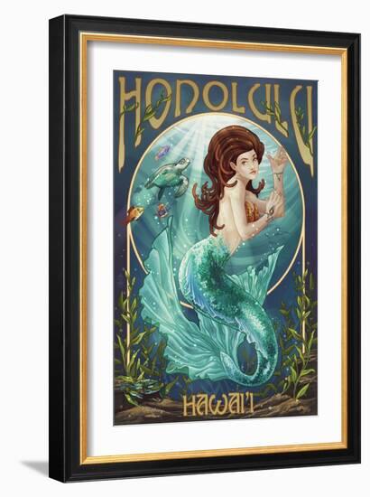 Mermaid - Honolulu, Hawaii-Lantern Press-Framed Art Print