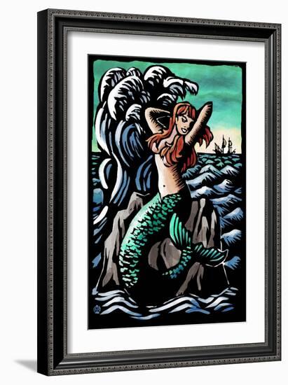 Mermaid - Scratchboard-Lantern Press-Framed Art Print