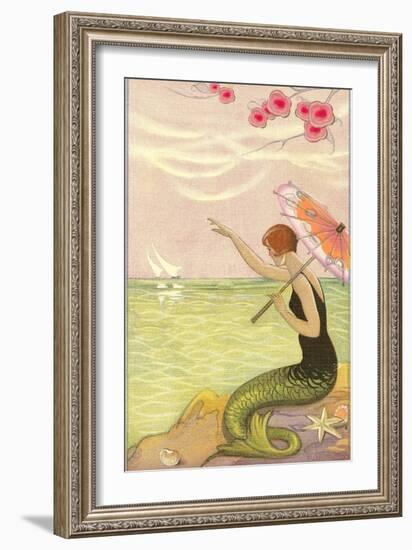 Mermaid Waving at Sailboats-null-Framed Art Print