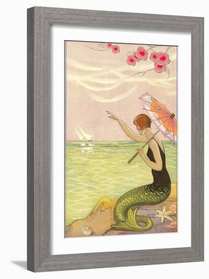 Mermaid Waving at Sailboats-null-Framed Art Print