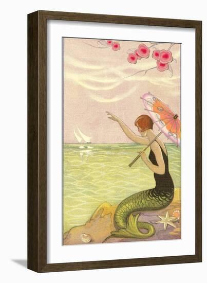 Mermaid Waving at Sailboats-null-Framed Art Print