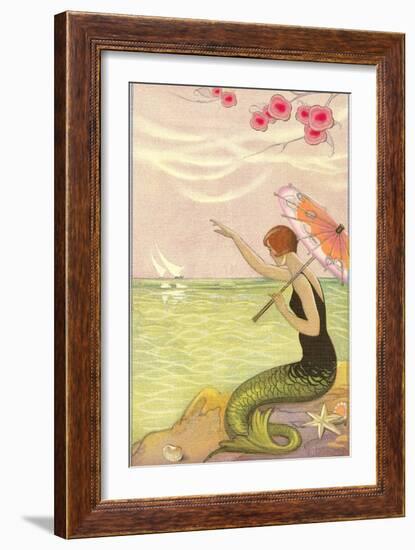 Mermaid Waving at Sailboats-null-Framed Art Print