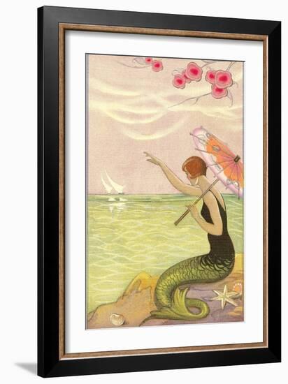 Mermaid Waving at Sailboats-null-Framed Art Print