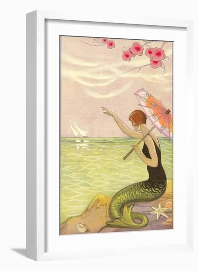 Mermaid Waving at Sailboats-null-Framed Art Print