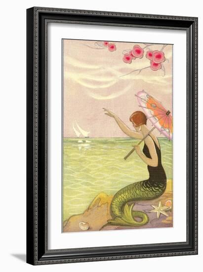 Mermaid Waving at Sailboats-null-Framed Art Print