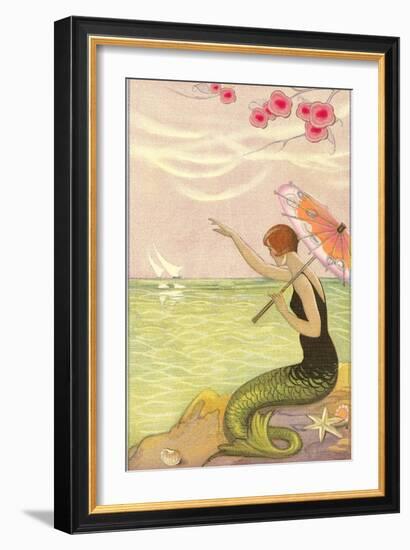 Mermaid Waving at Sailboats-null-Framed Art Print