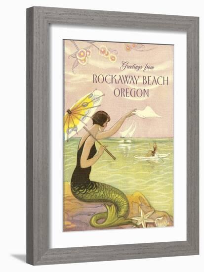 Mermaid Waving from Rockaway Beach, Oregon-null-Framed Art Print