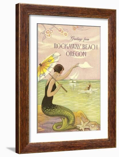 Mermaid Waving from Rockaway Beach, Oregon-null-Framed Art Print