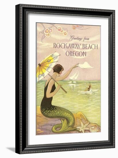 Mermaid Waving from Rockaway Beach, Oregon-null-Framed Art Print