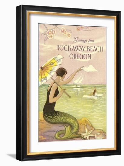 Mermaid Waving from Rockaway Beach, Oregon-null-Framed Art Print