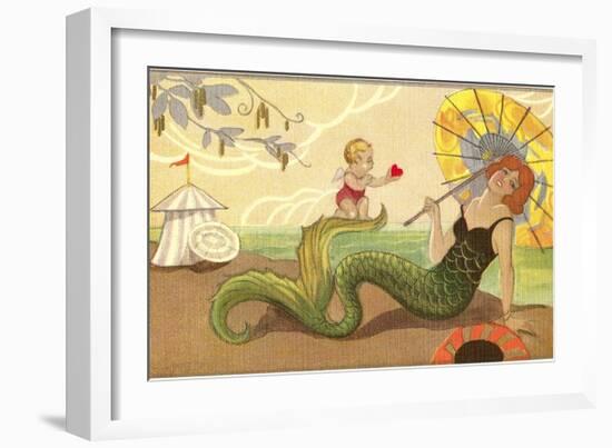 Mermaid with Cupid-null-Framed Premium Giclee Print