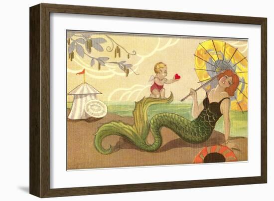 Mermaid with Cupid-null-Framed Art Print